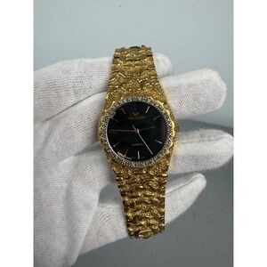 Vintage Waltham Gold Plated Nugget Watch Quartz Black Dial Diamond Bezel 7.25"